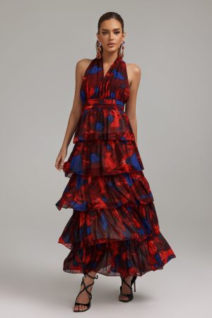 Kalic Halterneck Layered Printed Dress