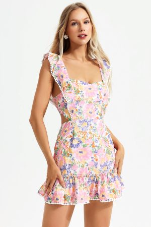 Floral Cami Ruffle Hem Backless Mini Dress