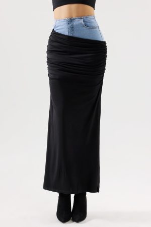 Labola Patchwork Denim Ruched Skirt