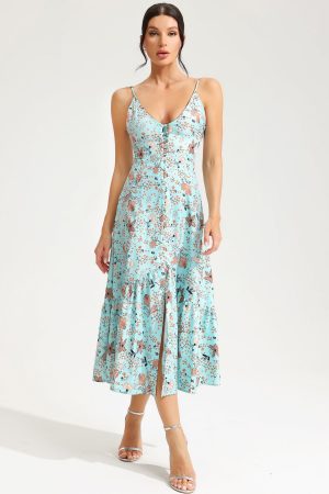 Floral V-Neck Buckle Cami Mixi Dress