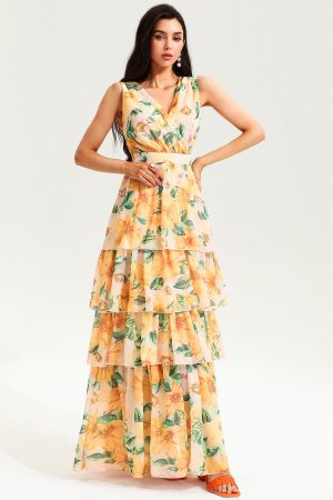 Floral Backless Sleeveless Tiered Hem Maxi Dress