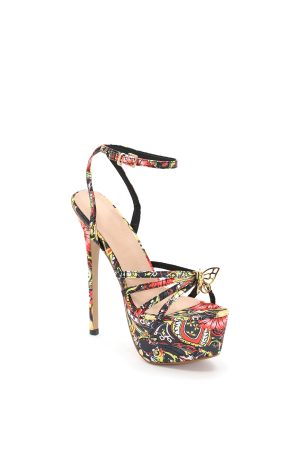 Gaki Flower Printed Metallic Butterfly Platform Stiletto