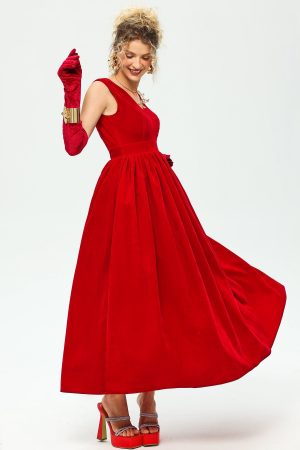 V-Neck Velvet Maxi Dress Red
