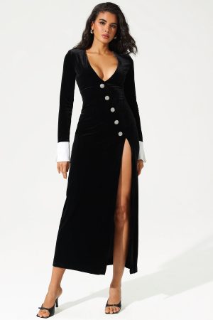 Long Sleeve V-Neck Slit Maxi Dress