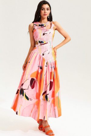 Printed Sleeveless Cutout Midi Dress
