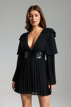 Yuma V Neck Pleated Mini Dress