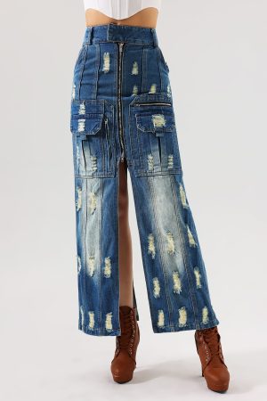 Valo Slit Ripped Denim Skirt