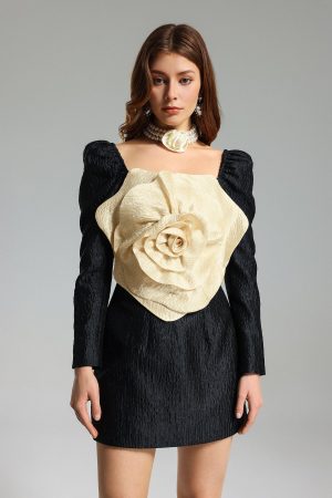 Helene Flower Puff Sleeves Mini Dress