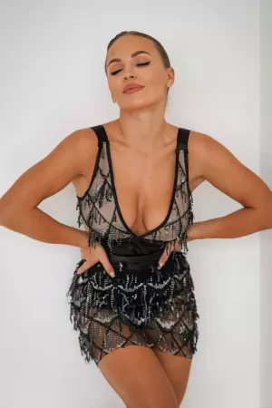Tassel Fringe Sequin Mini Dress - Black