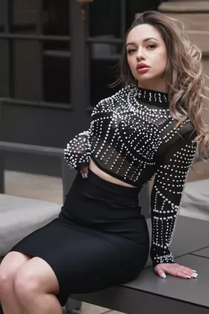 Long Sleeve Pearl Beaded Set - Black