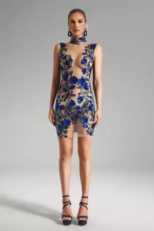 Noa Sequin Mesh Mini Dress-Blue