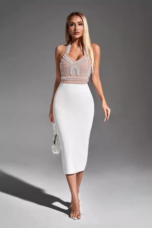 Mia White Pearl Halter Bandage Dress