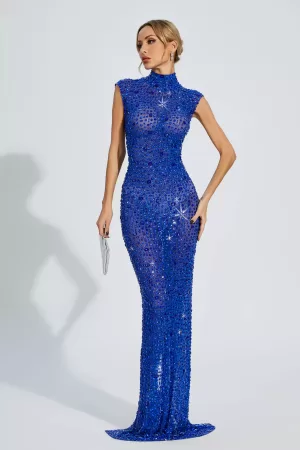 Emmalyn Blue Sleeveless Diamond Maxi Dress