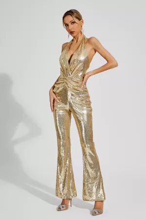 Kelly Gold Sequins Halter Jumpsuit